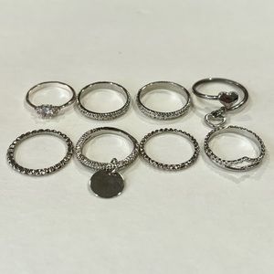 SHEIN 8-Pack Silver Stainless Steel Fashion Sparkly Shimmer Rhinestone Rings